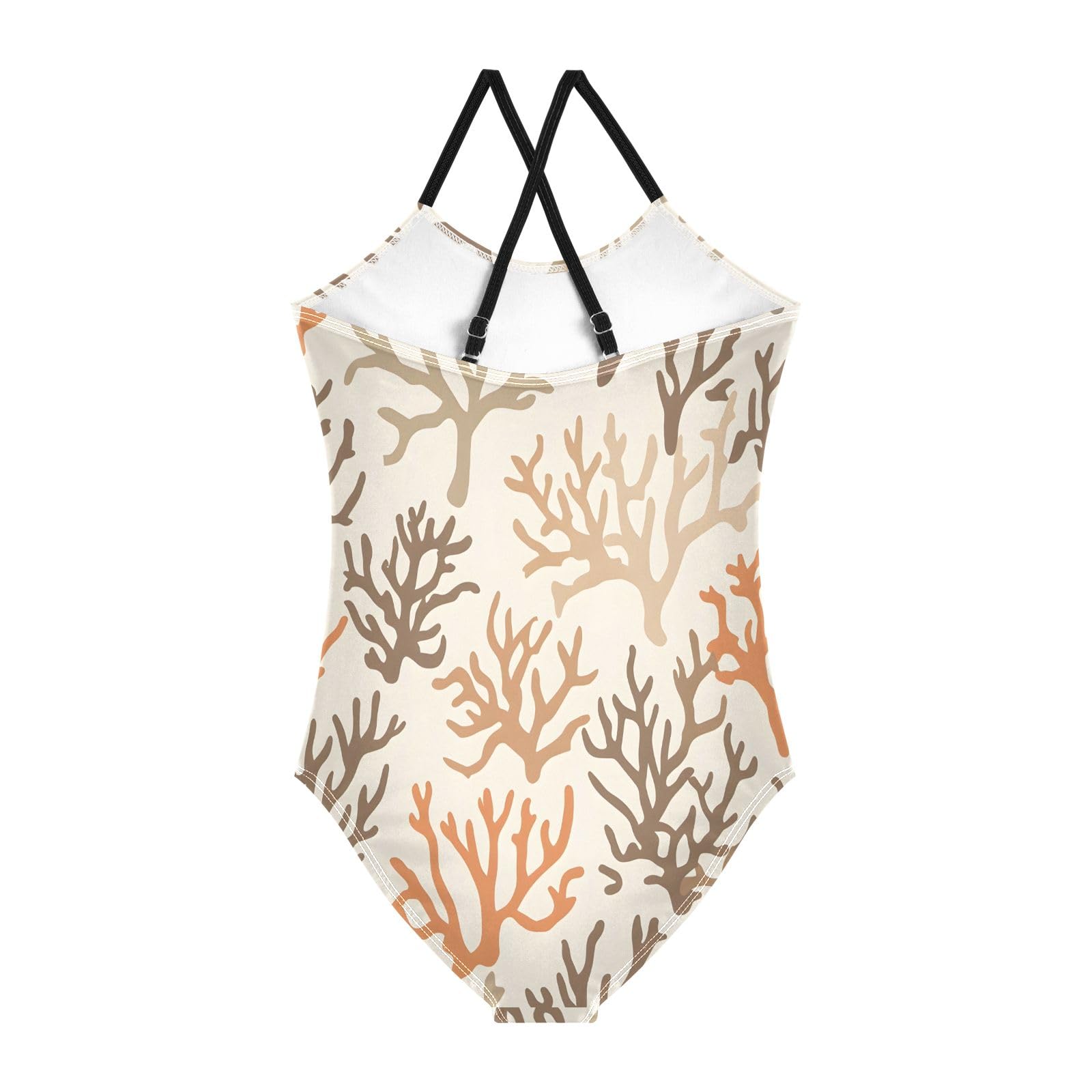 Brown Coral Pattern Girls One-Piece Swimsuit Beach Swim Bathing Suit