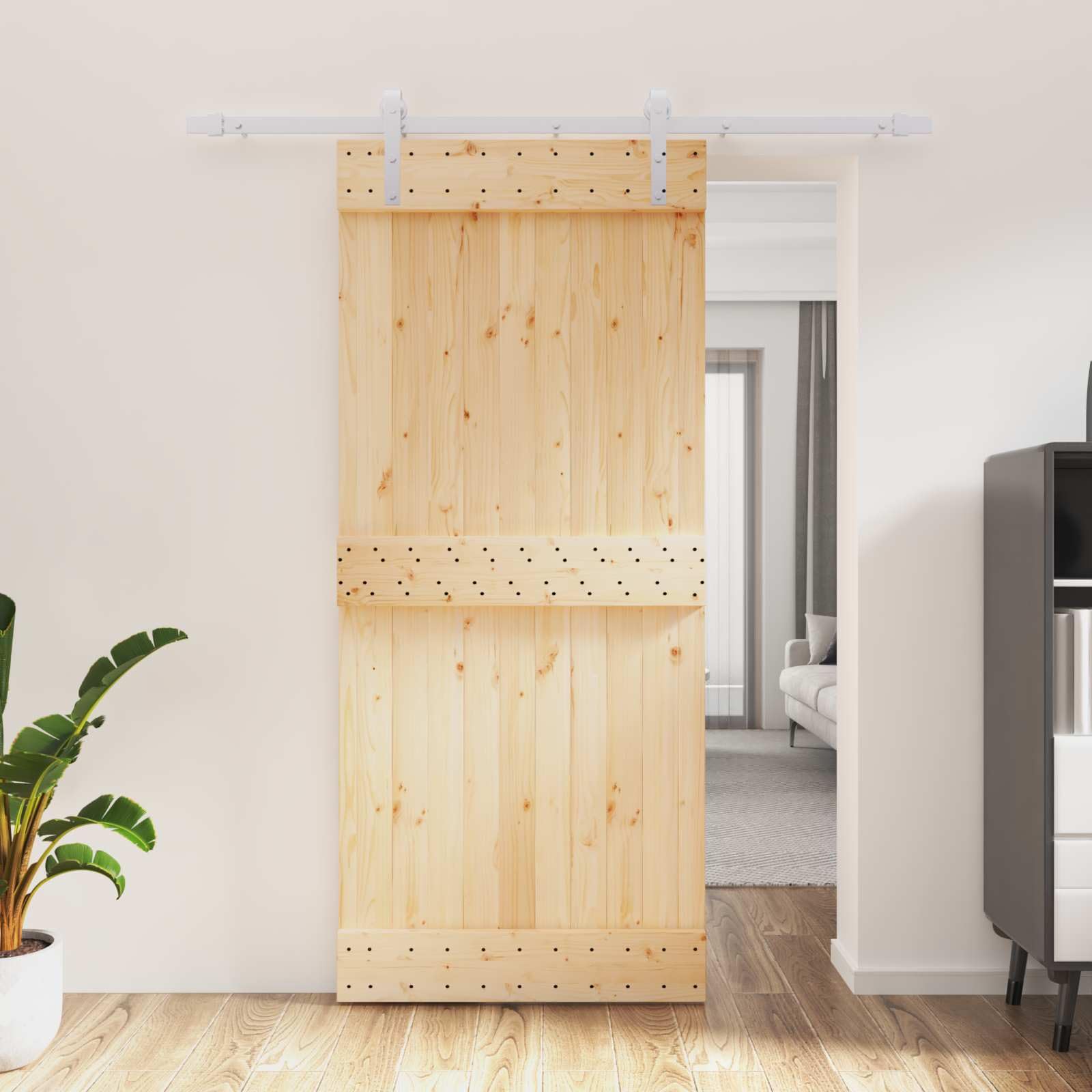 Drzwi przesuwne z drewna sosnowego i białego, 90 x 210 cm