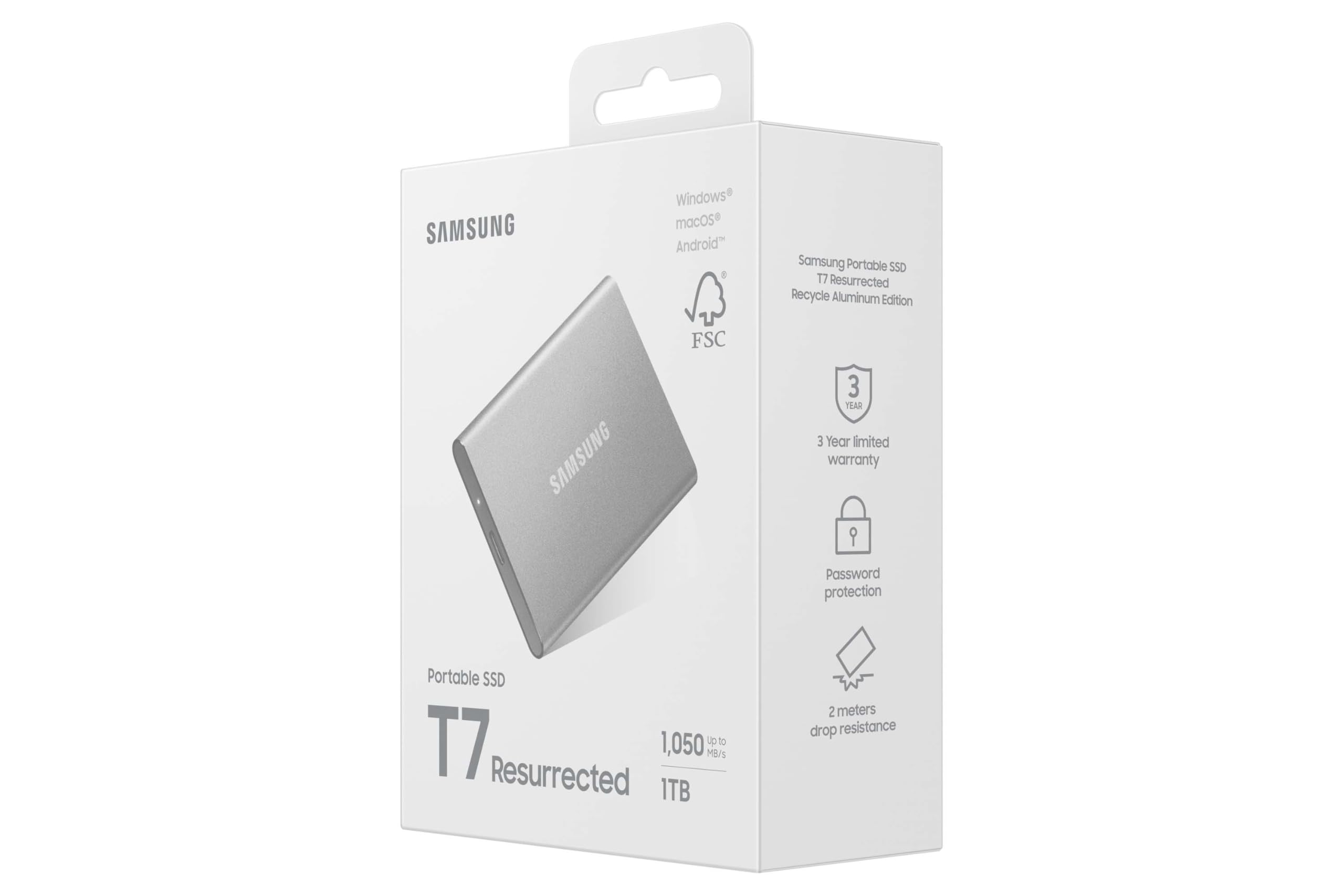 Samsung T7 Resurrected MU-PD1T0G/WW, SSD Externe Portable Gris Clair, 1 to, USB 3.2 Gen.2
