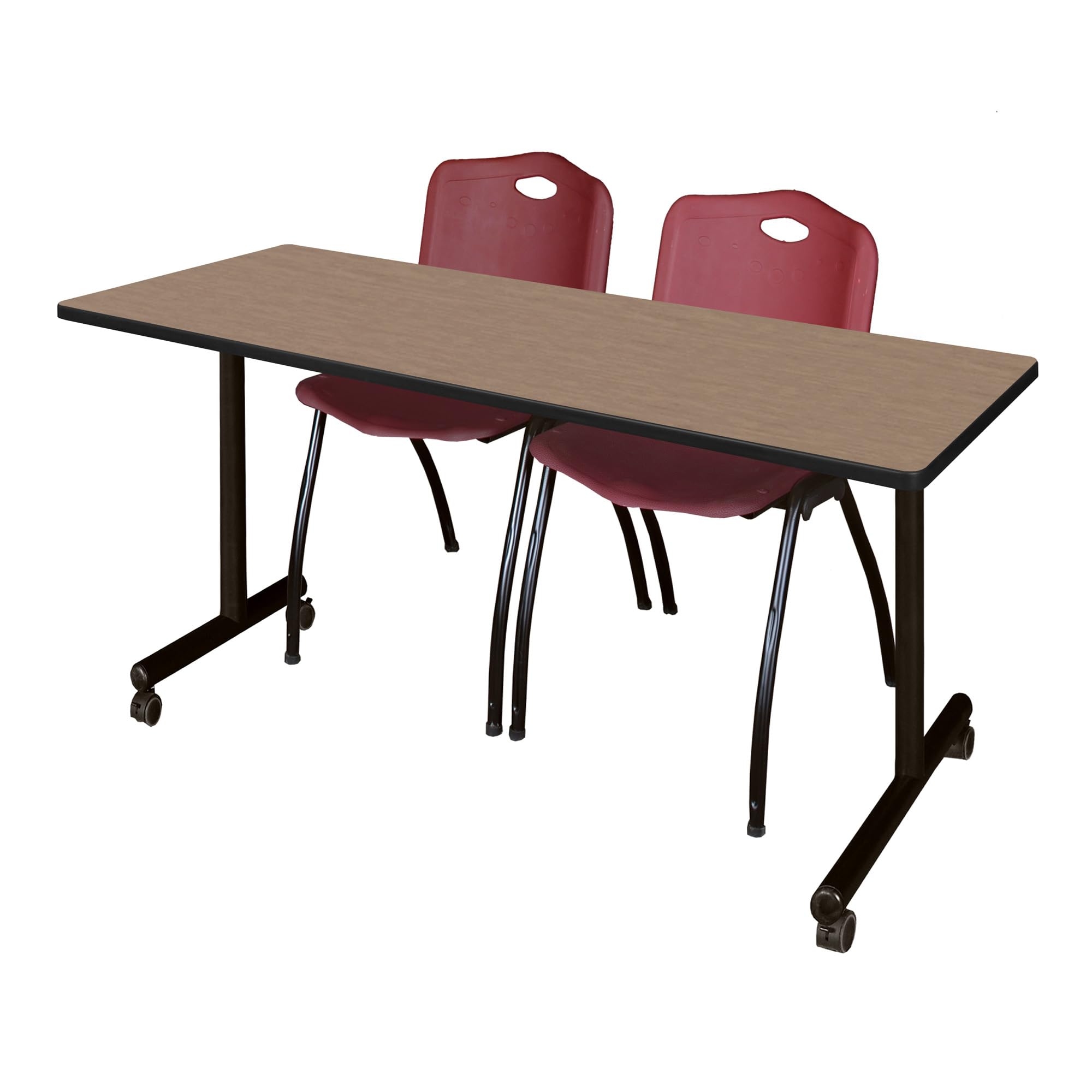 Romig Axis-Pro 72 x 24 in. Mobile T-Base Training Table- Noble Oak, 2 M Stack Chairs- Burgundy