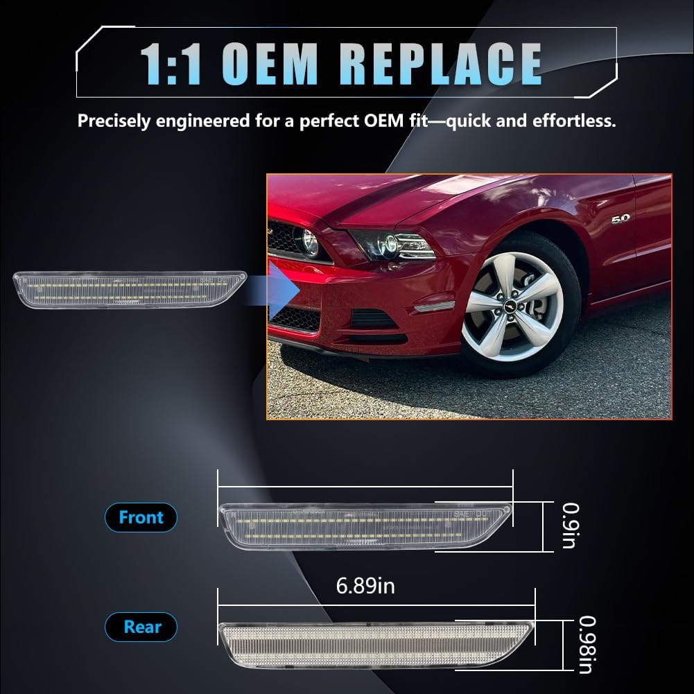 Front & Rear LED Side Marker Lights for Fo-rd Mus-tang 2010 2011 2012 2013 2014, Fo-rd Clear Lens Side Bumper Marker Lights, Mus-tang White LED Front Rear Fender Day Running Lights, Pack of 4