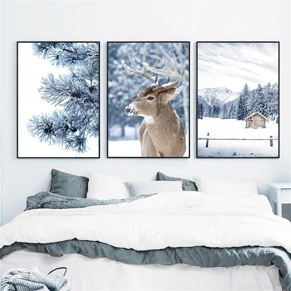 WBYZAC Wall Pictures-Reindeer Winter Snow Forest Wall Art Canvas Painting Nordic Posters and Prints Wall Pictures for Living Bedroom Kitchen Office Room Decor-40 * 50cm*3PCS (No Frame)