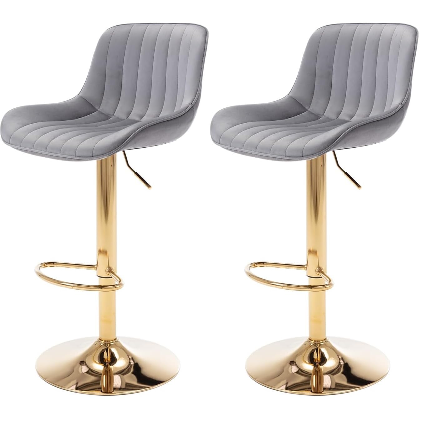 Set of 2 Velvet Bar Stools High Kitchen Stools Height Adjustable 60-82 cm 360° Swivel with Backrest and Footstool Gold Base Bar Chairs (Grey)