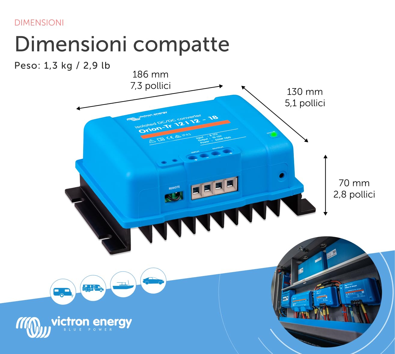 Victron Energy Orion-Tr IP43 12/12-Volt 18 amp 220-Watt Convertitore DC/DC, Isolato