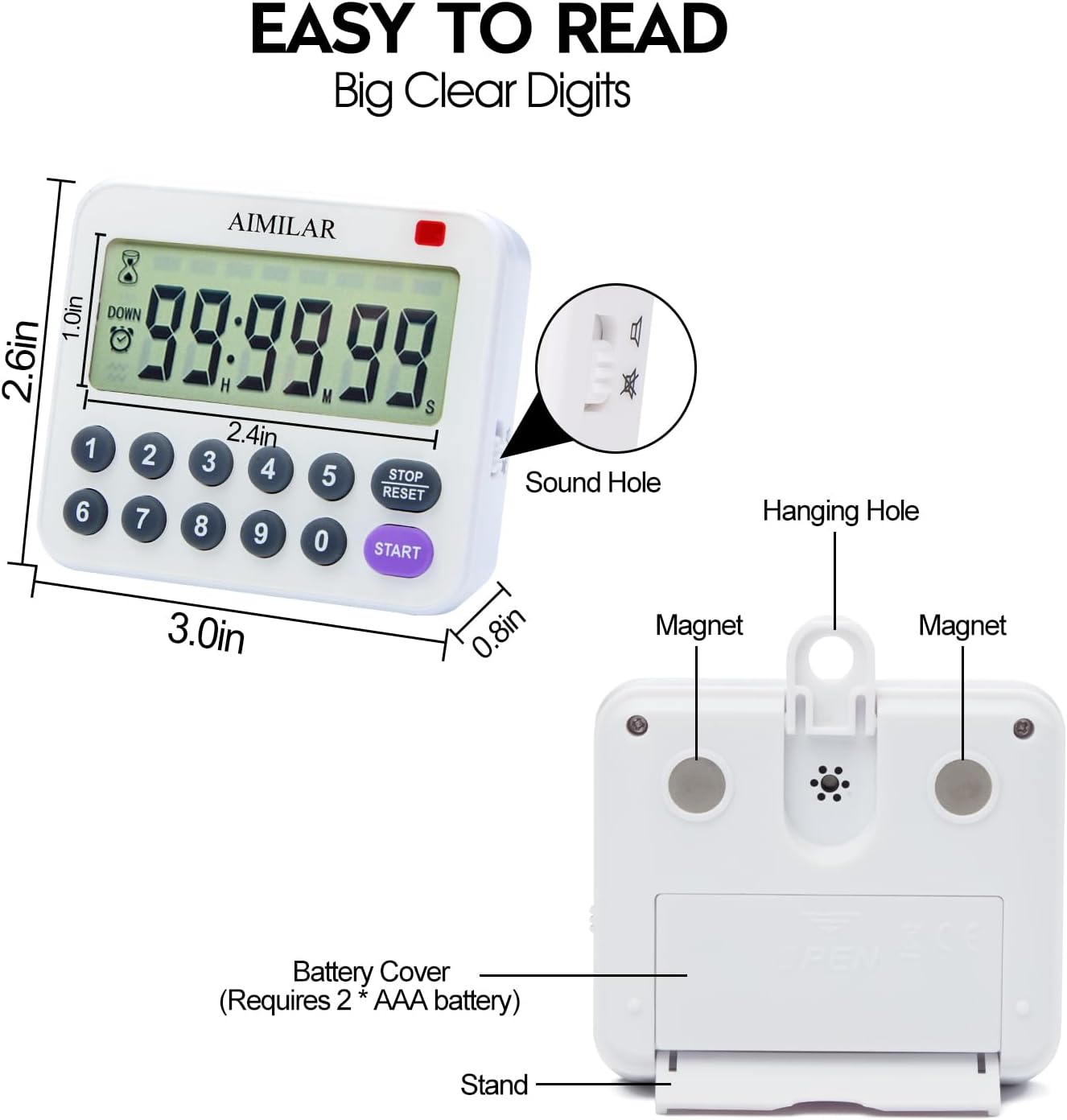 AIMILAR Magnetic Digital Kitchen Timer with Direct Numerical Keypad, Loud Alarm - 99Hr Countdown Count Up Timer for Cooking Baking Classroom, Batteries Included