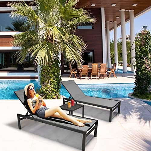 LYMJARD Patio Chaise Lounge 3 Pcs Aluminum Lounge Chair Sets Outdoor 5 Position Adjustable, All Weather for Pool Beach Patio Backyard Lawn and Garden,Side Table Included (Gray)