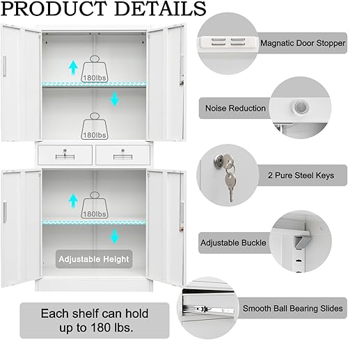 Miniatura 70 de Armario de almacenamiento de metal con puertas con cerradura y 2 estantes ajustables, gabinetes de metal de 71 pulgadas de alto, armarios de garaje,