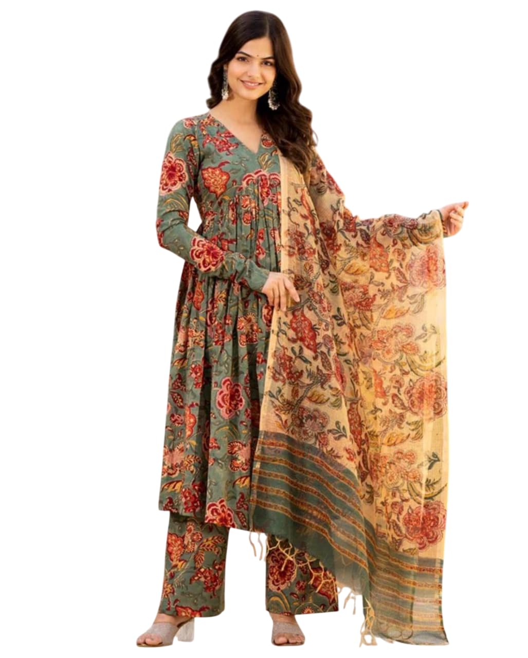 Women’s Floral Printed Anarkali Kurta with Pant & Dupatta Set – Ethnic Indian Outfit for Casual & Festive-image-39