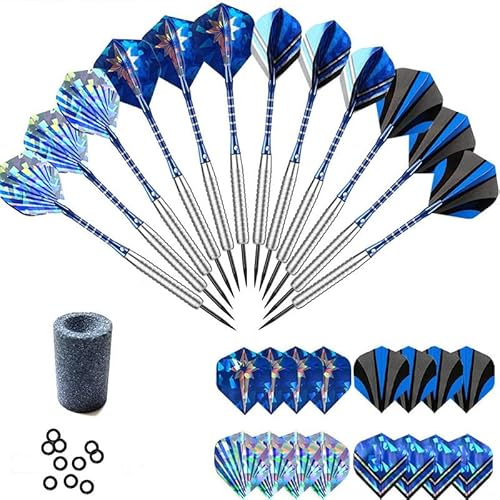 Kingcenton Set di 12 freccette professionali con punta in acciaio, set professionale in metallo con 12 aste in alluminio, 16 alette per freccette, 12 anelli in gomma + temperamatite per freccette, 22