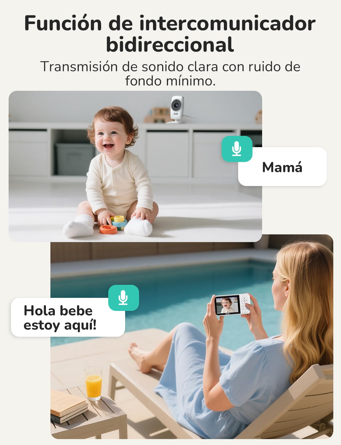 GHB Camara Vigilancia Bebe Vigilabebes con Camara con Pantalla 3.2" HD de 2100mAh Recargable VOX, Visión Nocturna, Despertador, Conversación Bidireccional Escucha Bebes