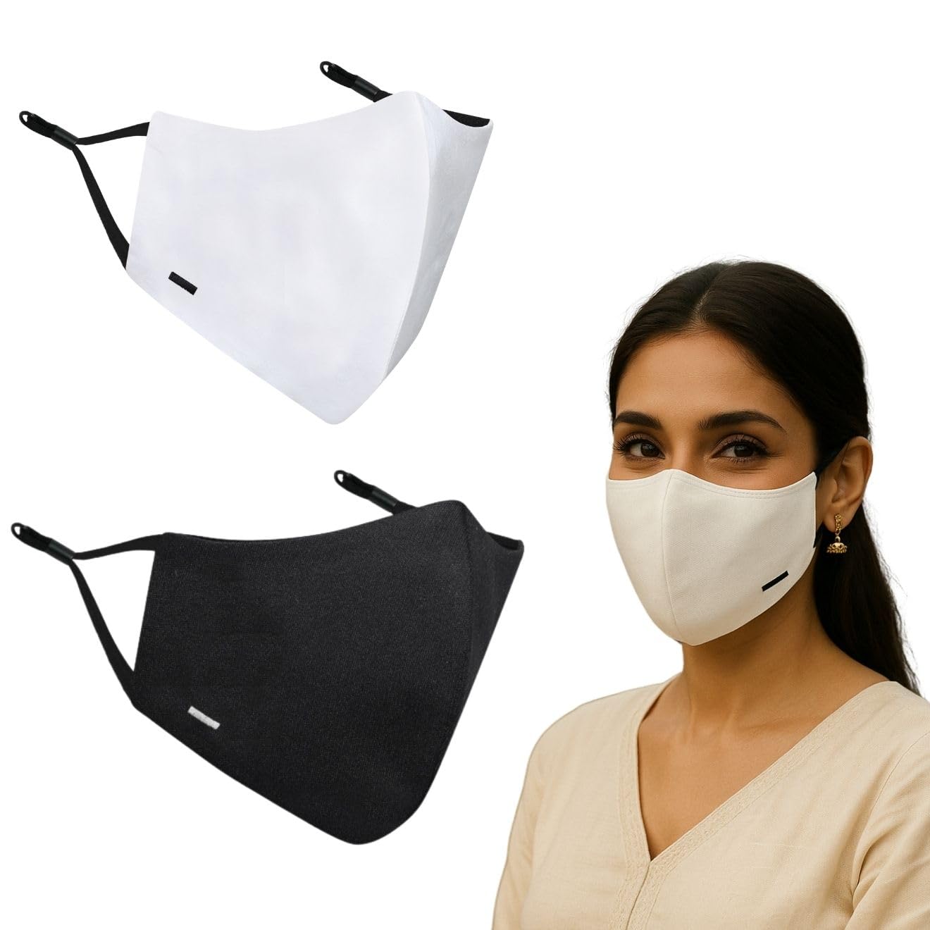 MASQ By Q-One Unisex_Dash Black And White 4 Layer, Reusable, with Ear Adjusters, Anti-Bacterial (BFE>99%) Cotton Cloth Face Mask for Men, & Women (Pack of 2)-image-41
