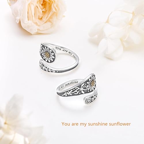 Miniatura 2 de Adjustable DragonflyCeltic Ring for Men Women 925 Sterling Silver LotusSunflower Spoon Rings Oxidation Antique Floral Inspirational Band Jewelry