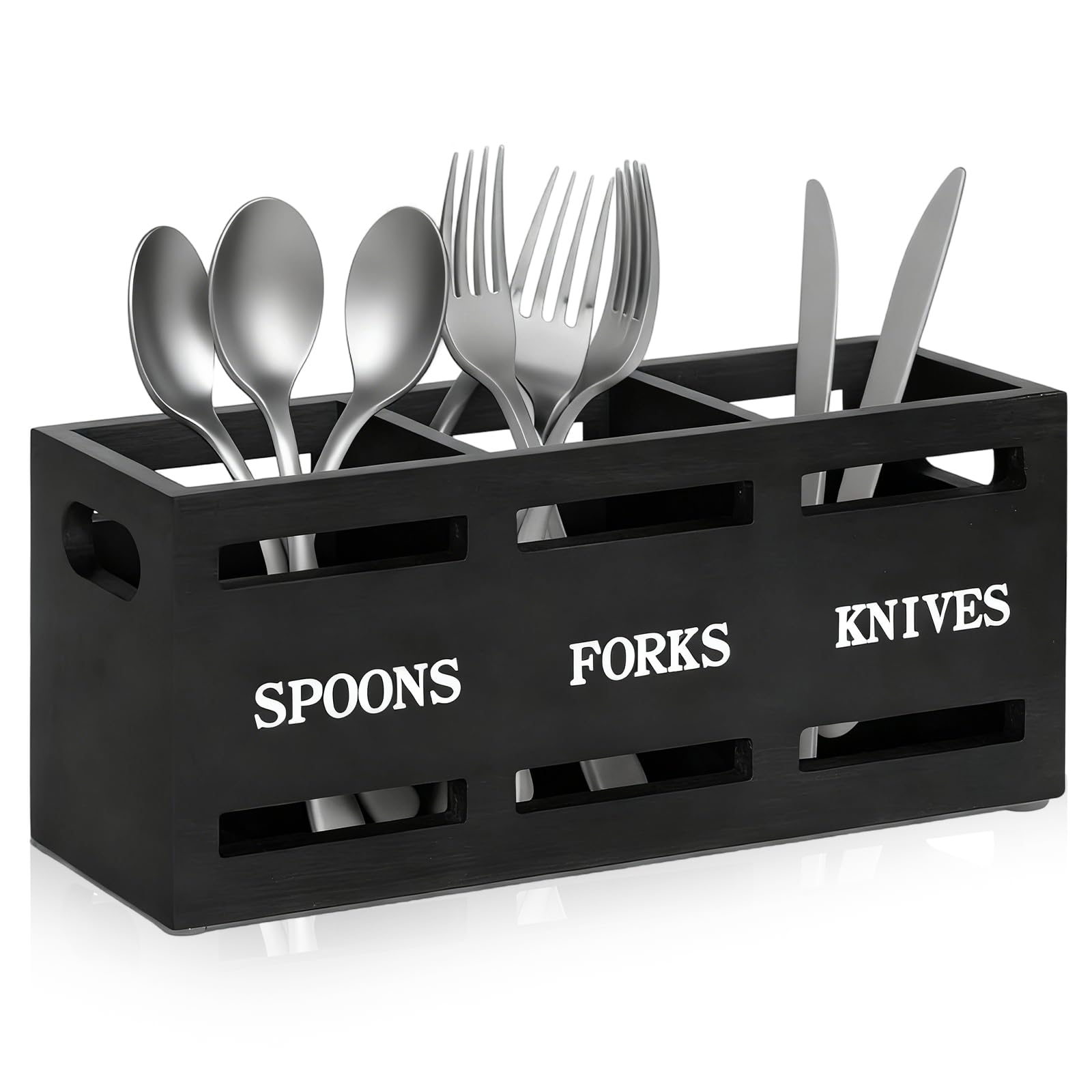 Rfytdcf Black Kitchen Utensils Holder, Wooden Cutlery Holder Utensil Organizer With 3 Compartments Large Flatware Caddy Storage Container For Knife Fork And Spoons