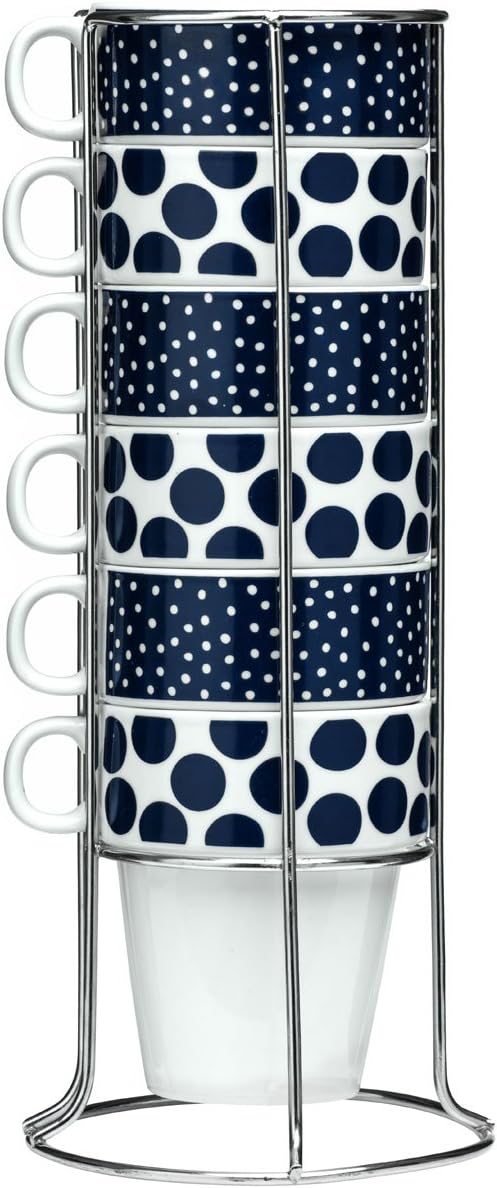 6 Piece Mug Set With Stand 300ml Cups Tea Coffee Mugs (Blue Dots Mugs)