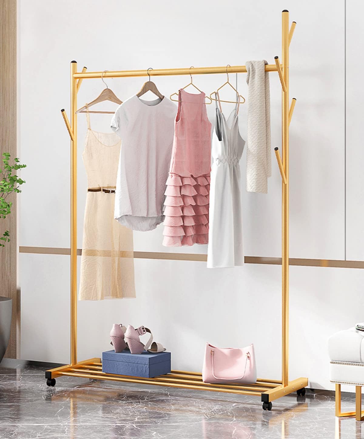 Portable Gold Clothing Rack with Wheels and Shelves Jordan Ubuy