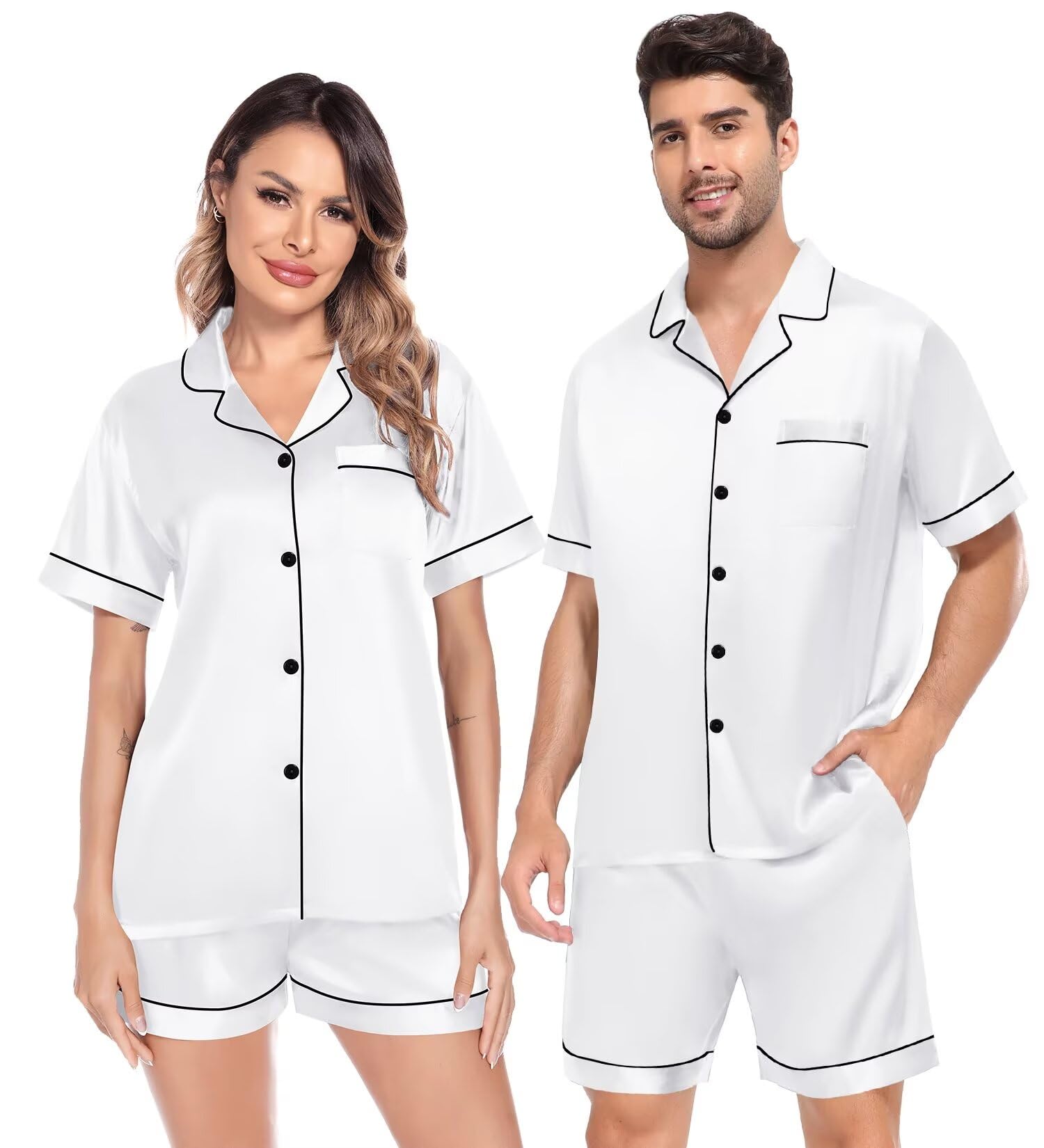 SWOMOG Satin Matching Pajamas Sets Couple Silk Button Down Nightwear Women &amp; Men Short Sleeve Sleepwear 2 Pieces Loungewear