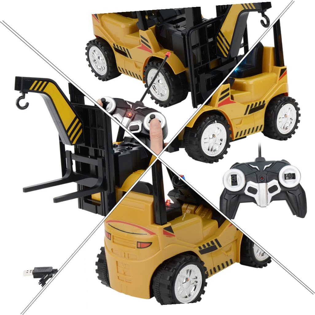 ORFOFE Carrello Elevatore Giocattolo Telecomandato Nero in Plastica Movimenti Agili e Braccio Sollevabile, Set Completo Batteria Ricaricabile per Bambini