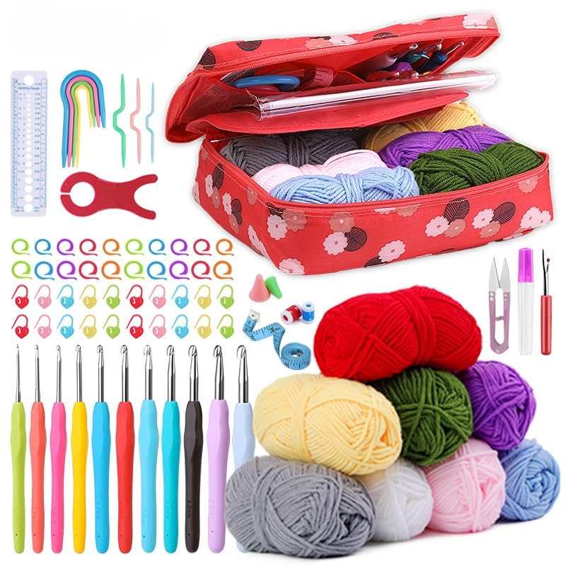 KIZAMI 1set Kit Iniziale per Uncinetto Rosso (14-30 cm), Accessori Completi, Design ergonomico, Ganci con Impugnatura Morbida, Ideale per Principianti e Bambini