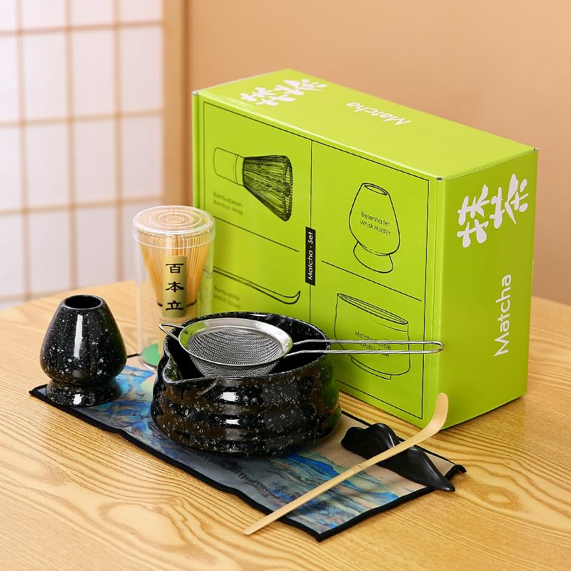 Matcha Set Matcha Whisk Matcha Bowl With Water Ladle Matcha Whisk Holder Tea Making Kit.Japanese Tea Set(7pcs)+1Spoon?Celadon Blue gift set… (Black spots)