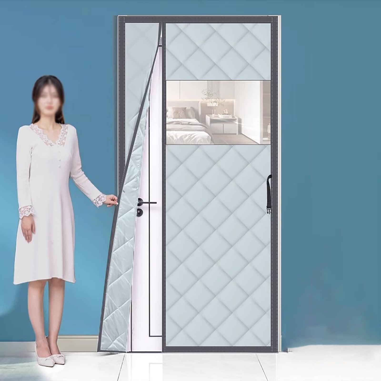 FLYIODFCXV Door curtain, Thickened Cotton, Side Opening Design, with Perspective Window, Wear-resistant and Waterproof, Double-sided(Silver/Gray,85 * 190cm/33.5 * 74.8in)