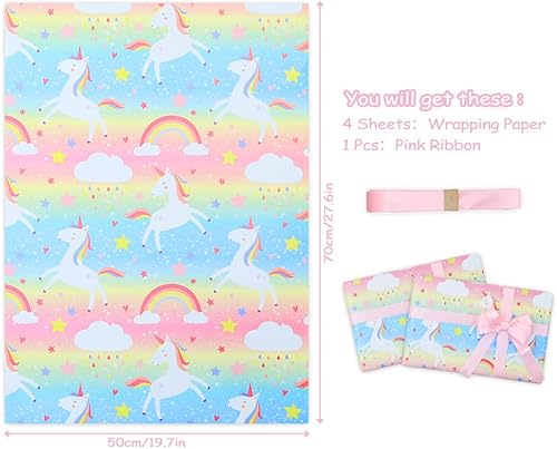 Miniatura 6 de Papel de regalo de cumpleaños para niños, niñas, niños, papel de regalo con diseño de unicornio para cumpleaños, baby shower con cinta de 78.7