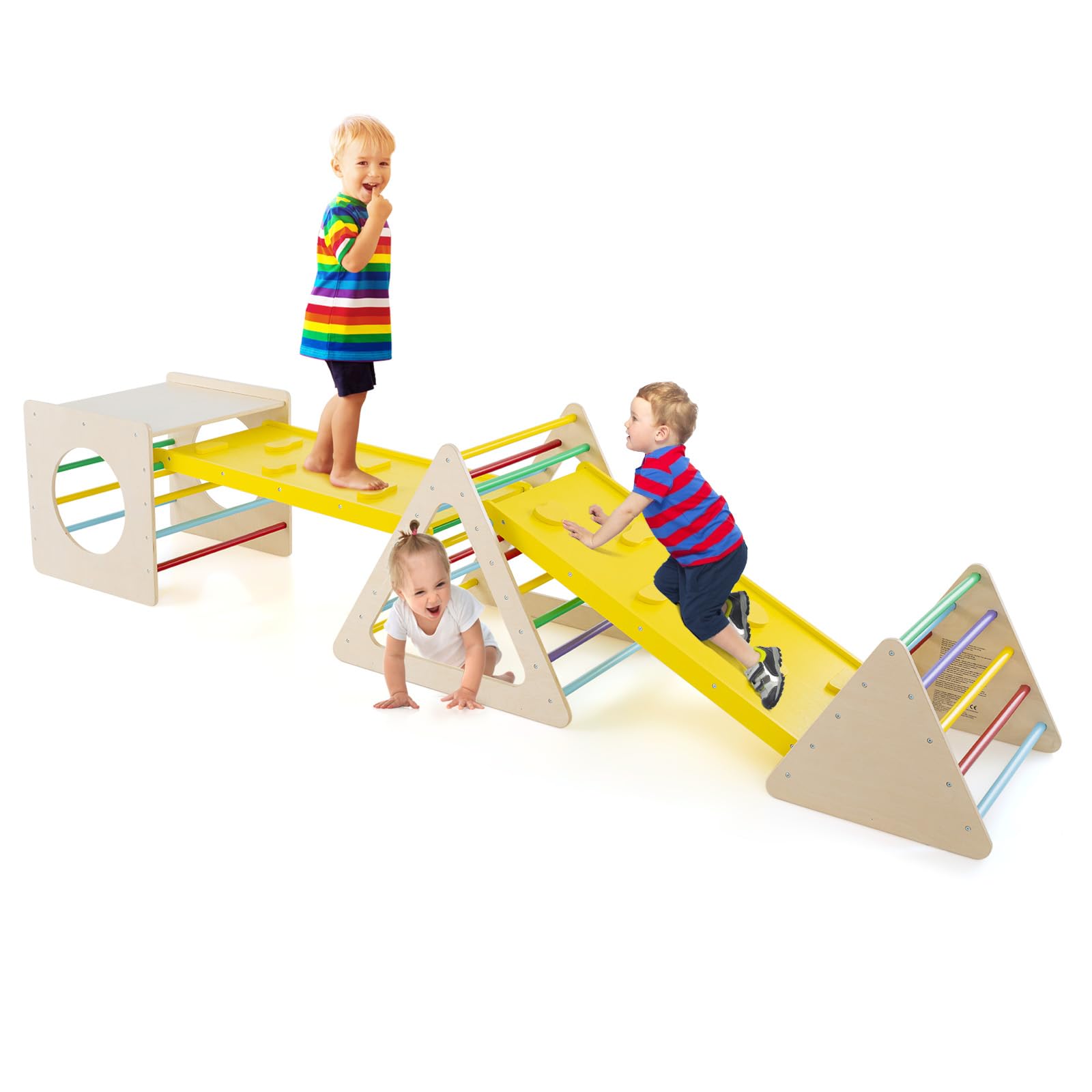 COSTWAY 5 in 1 Toddler Climbing Frame, Wooden Indoor Triangle Climber Set with 2 Ramps and Cube Ladder, Montessori Climbing Toys Play Gym for Kids