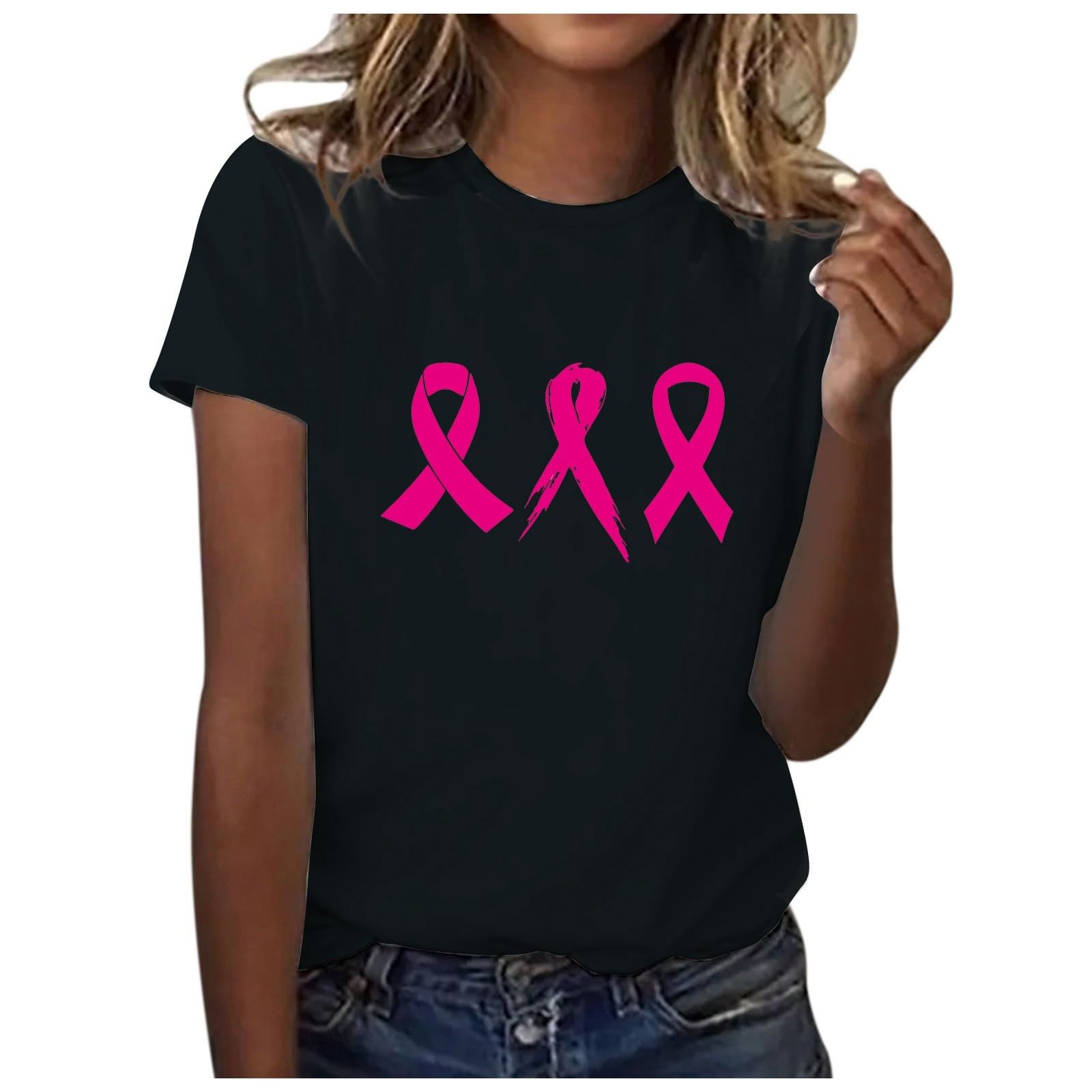 Cokbyavla Women's B-Black Breast Cancer Awareness T-Shirt, Black Breast Cancer Sweatshirt Pink Awareness Shirts For Support Squad Light Pink Sweatshirts For Ribbon Graphic To L