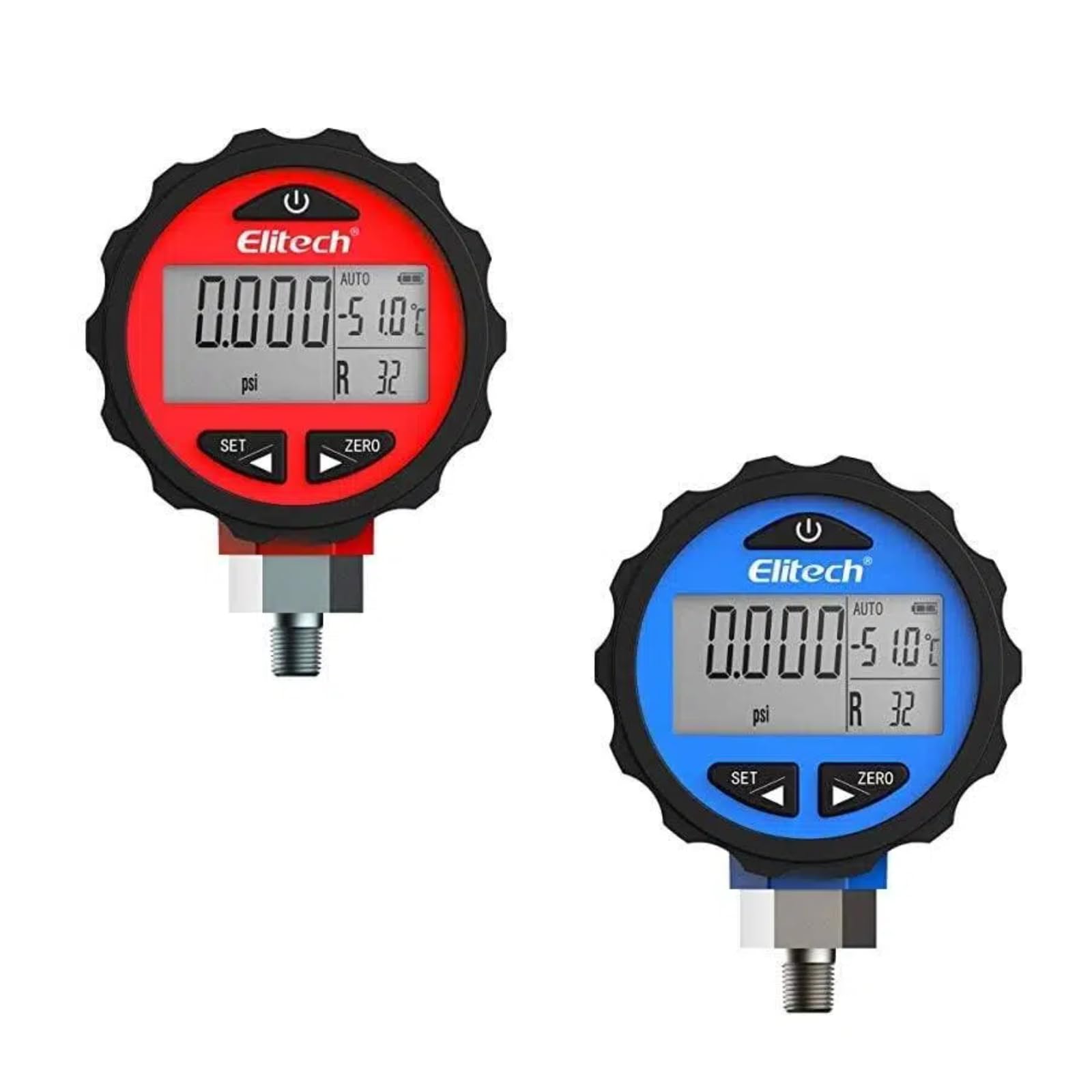 Elitech PG-30Pro Digitale Kältemittel-Druckmessgerät mit Hintergrundbeleuchtung | 88+ Kältemittel | 0-500 PSI (0-3,4 MPa) | 1/8 NPT | Kompatibel mit Manifold-Manometer | Rot+Blau
