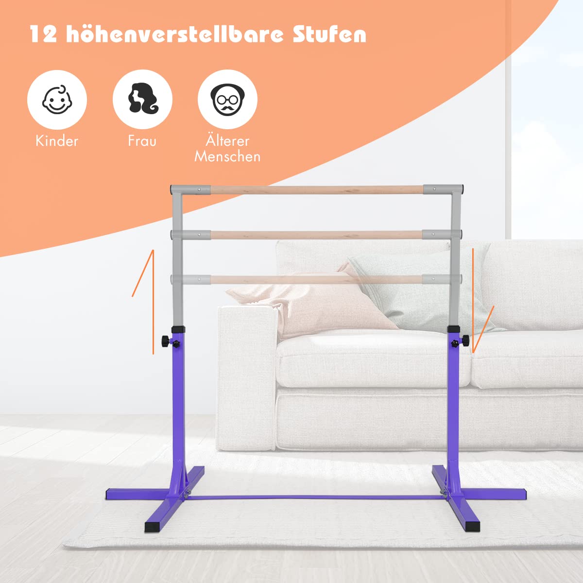 DREAMADE Gymnastik Turnreck Kinder, Reck Indoor, Reckstange Höhenverstellbar 12 Stufen, Reck Stange zum Turnen für Kinder Mädchen Jugendliche, Trainingsgerät bis 100 kg