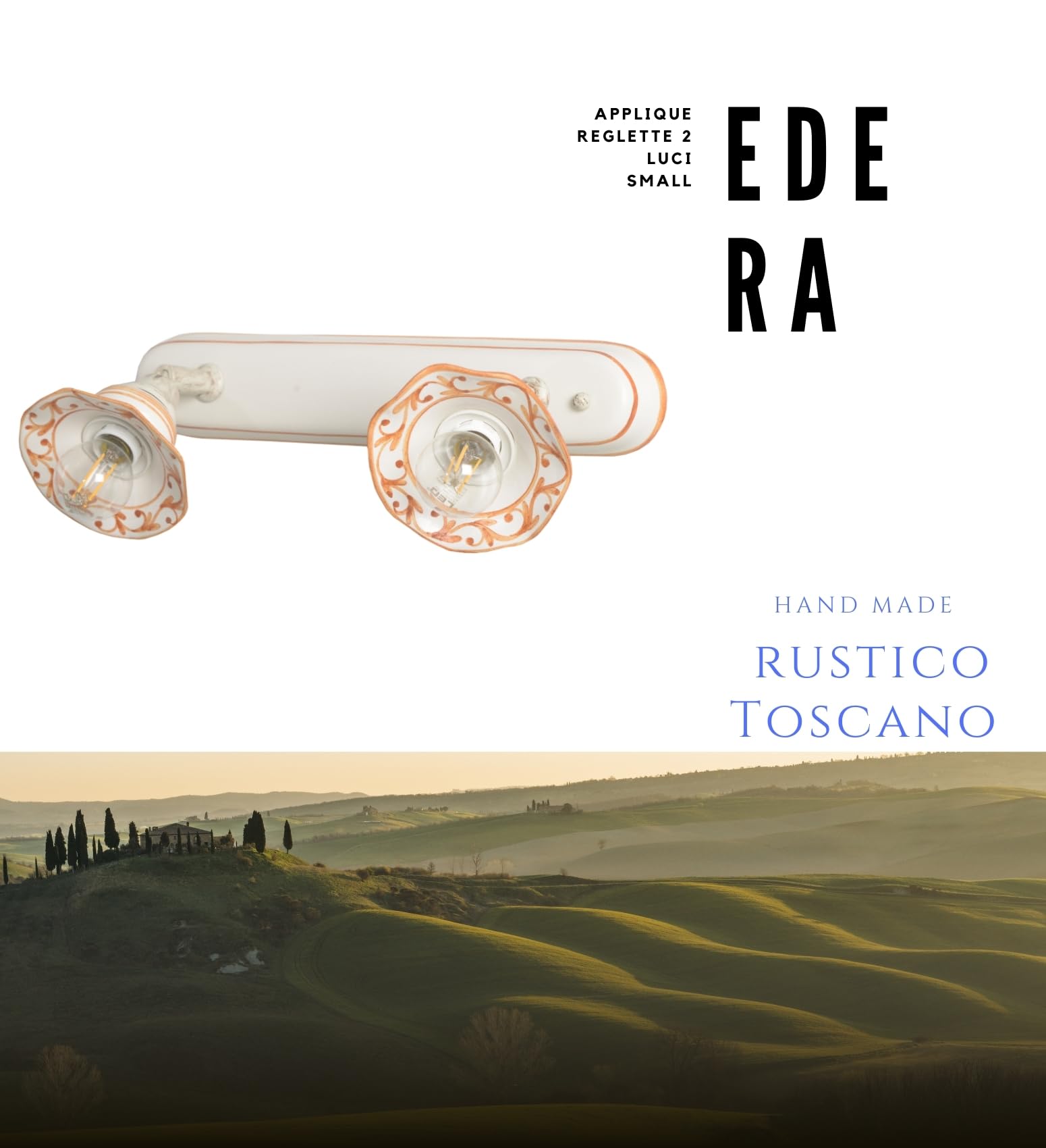 VANNI LAMPADARI - Applique da Parete Interno Edera - Lampada da Parete Orientabile 2 Luci- in Ceramica Decorata a Mano - Applique Camera da Letto - Bagno - Cucina – Soggiorno, Ocra