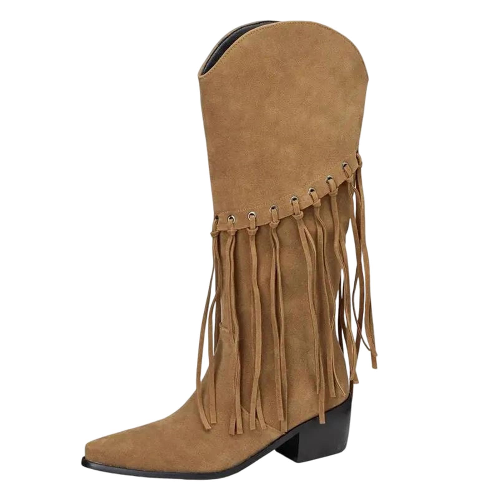 Alloaone Womens Suede Western Boots Square Toe High Heel Slip-On Tassel Retro Cowboy Mid-Calf Booties