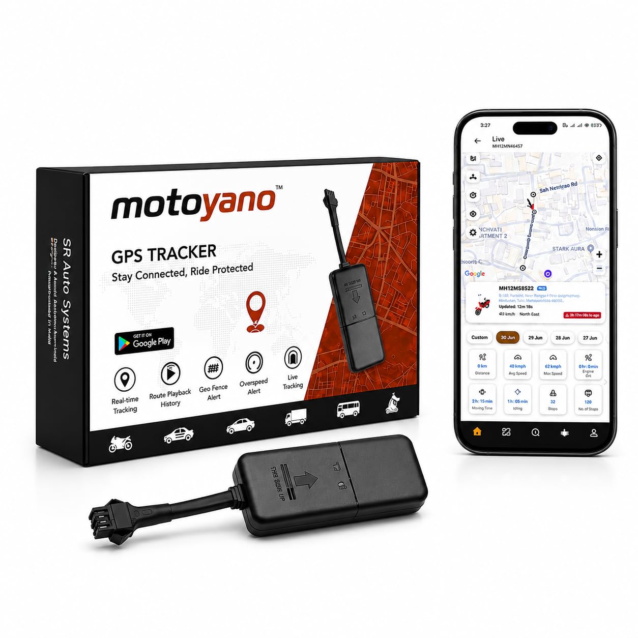4g motoyano gps tracker for royal enfield bikes | with no wire cut installation | 12 months data | remote engine lock | 2 years warranty | 1 year android & web app