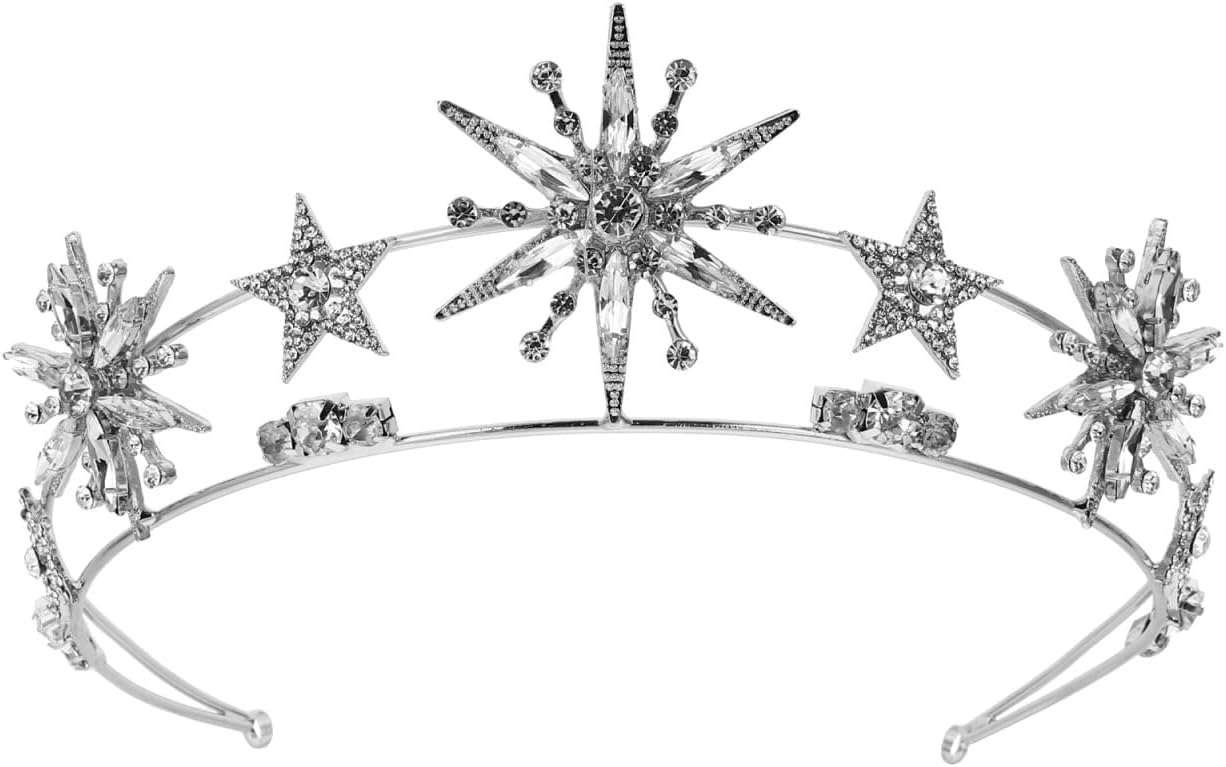 Minkissy Rhinestone Star Crown Star Bridal Wedding Crown Vintage Rhinestone Tiara Wedding Crystal Bridal Headband for Women Girls Silver