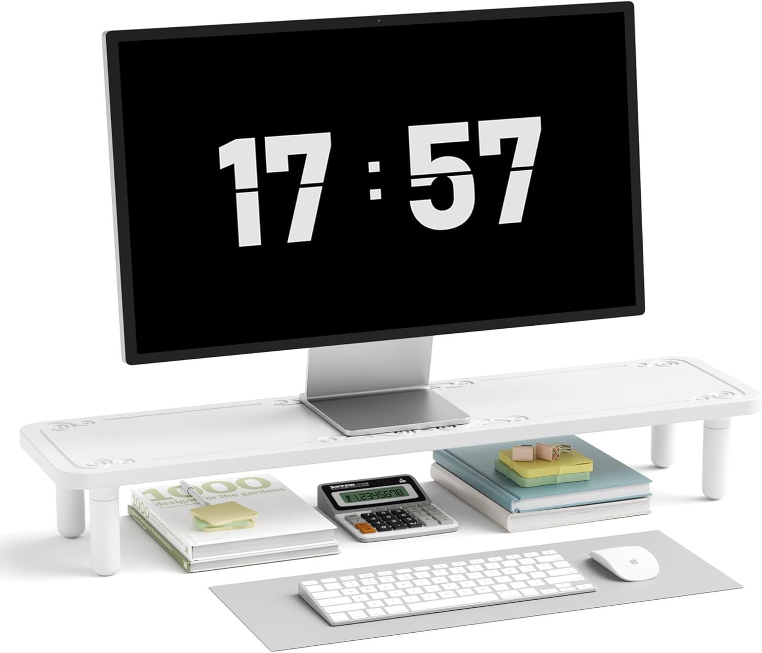 Dual Monitor Stand For Desk,31 Inch Adjustable Wood Computer Riser Desktop Storage Stand For Computer,Laptop,Printer,TV,White Scroll