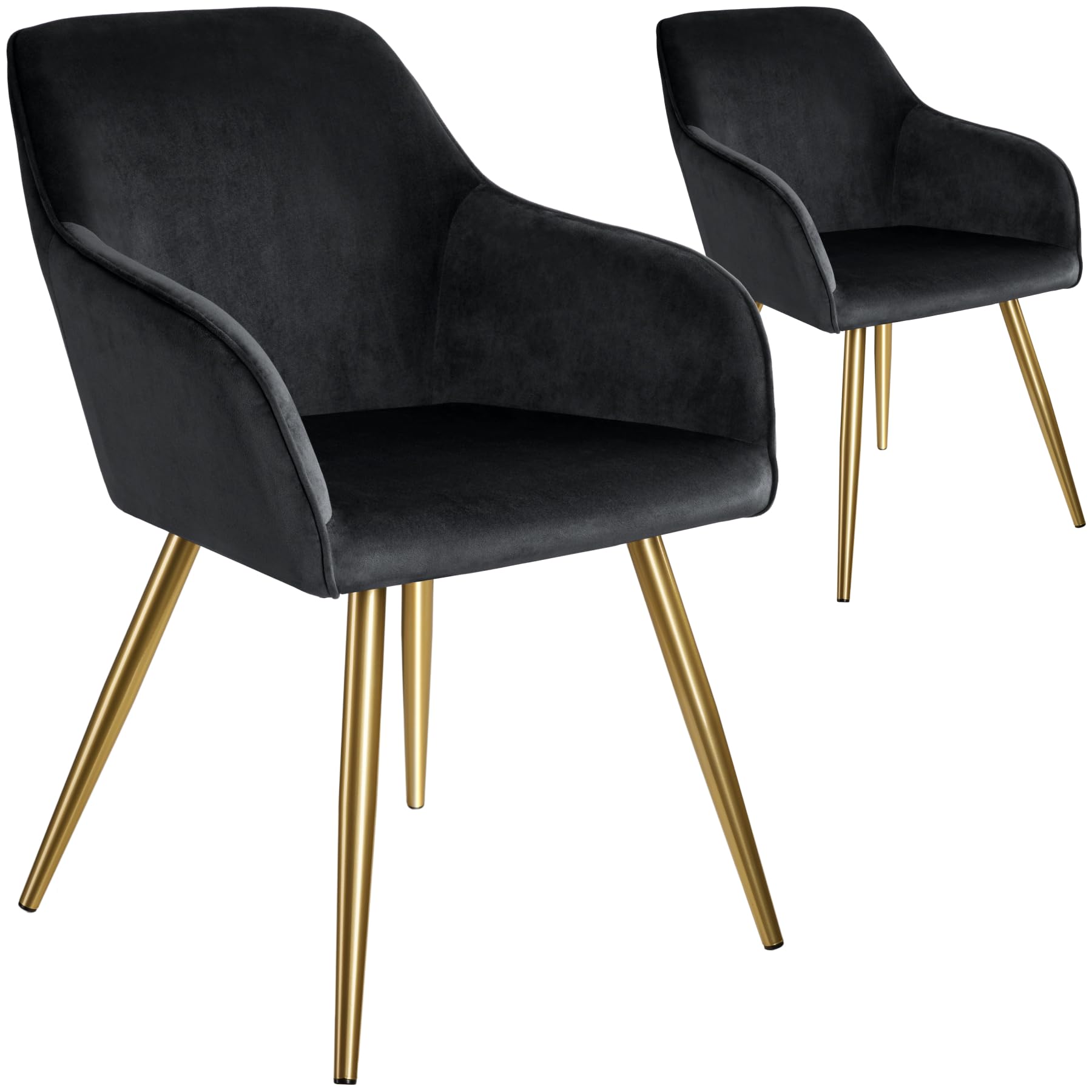 tectake® Set of 2 Dining Chairs in Velvet Look with Gold Steel Legs, Thickly Padded Armchairs, Ergonomic Design & Easy Assembly - Ideal as Dining, Living Room, Bedroom & Desk Chairs - Black/Gold