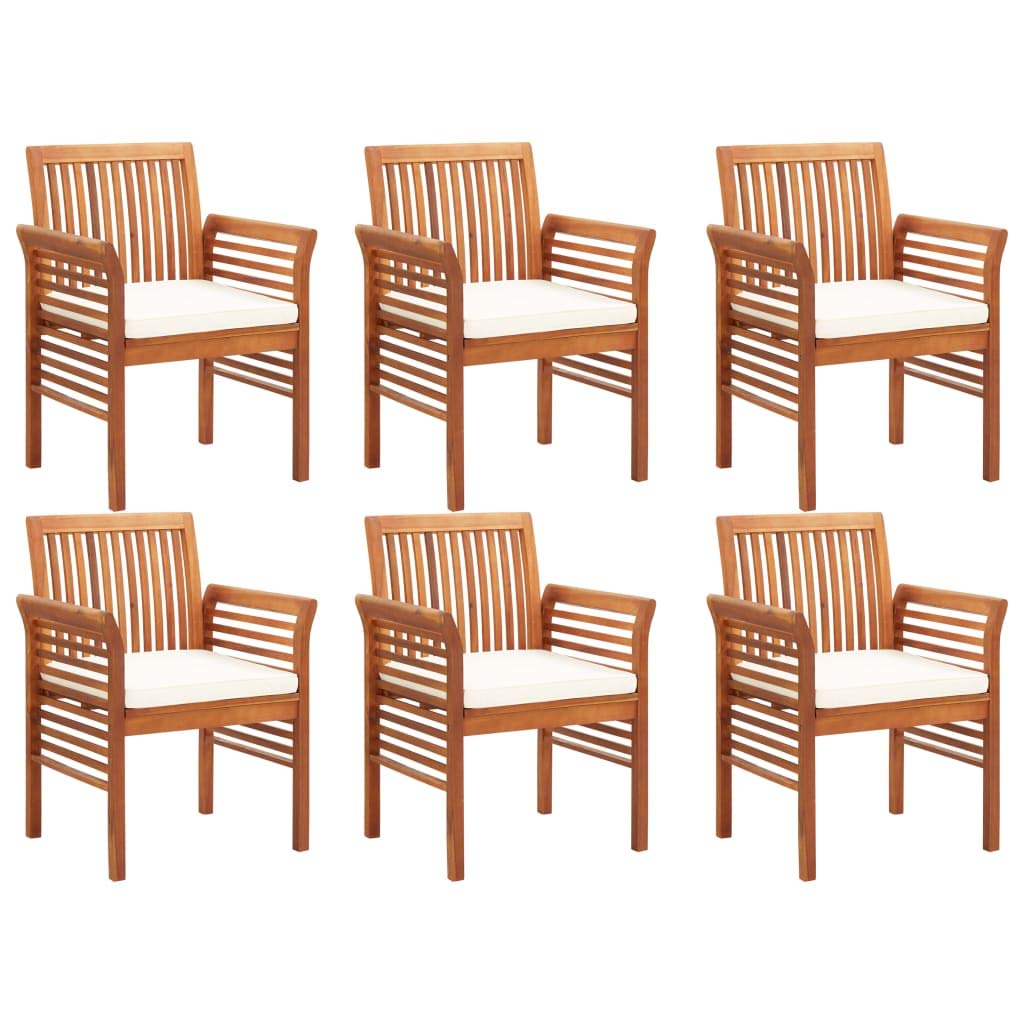 Juego de muebles de jardín (7 piezas, madera de acacia, 215 x 90 cm, con cojines de color crema, resistente a la intemperie, para terraza, balcón o jardín de invierno)