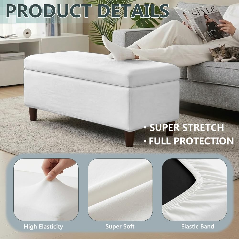 Leaf Print Rectangular Ottoman Slipcover Stretch Storage Bench Cover Soft Fabric Elastic Bottom Footrest Stool Protector for Living Room Bedroom Home Decor, M
