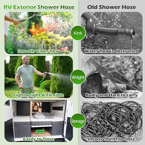 Image of RV Exterior Shower Hose, 15FT Green Coil Water Hose with 1 /2 inch Quick Connect Adapter, Recoils to 9 inch, Weather Resistant Recoil Garden Camper Tube for RV Outdoor Shower, Garden Use, 3 /4 inch Fitting