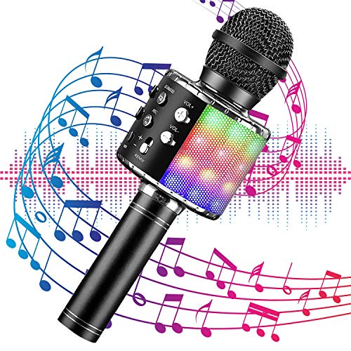 Kabelloses Bluetooth-Karaoke-Mikrofon mit mehrfarbigen LED-Leuchten, 4 in 1 tragbares Hand-Karaoke-Gerät für Kinder Erwachsene, für Android/iPhone/PC (Black)