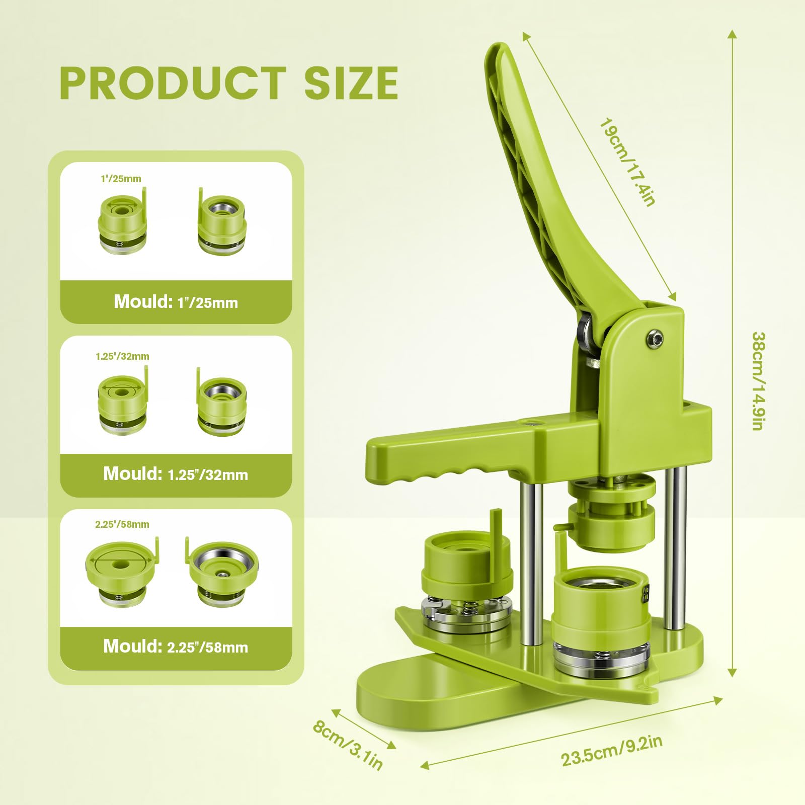 Macchina per badge Button Maker 25 + 32 + 58 mm, 300 set di spilli in metallo, con stampe, rondella in plastica e taglierina per carta rotonda (verde)