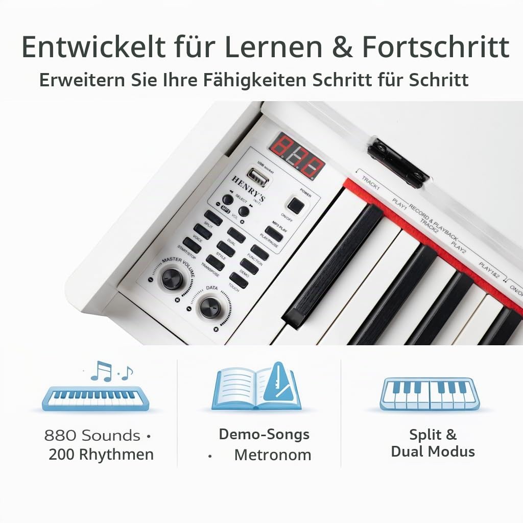Henry`s Digital Piano Initi – 88 anschlagdynamische Tasten, 3 Pedale, Möbelgehäuse, Bluetooth MIDI – Ideal für Anfänger, wohnungsfreundlich - E Piano Digitalpiano Epiano