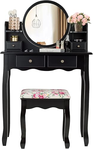 LDAILY Juego de mesa de tocador con espejo redondo giratorio de 360 tocador con taburete 4 cajones y 4 estantes de almacenamiento escritorio de