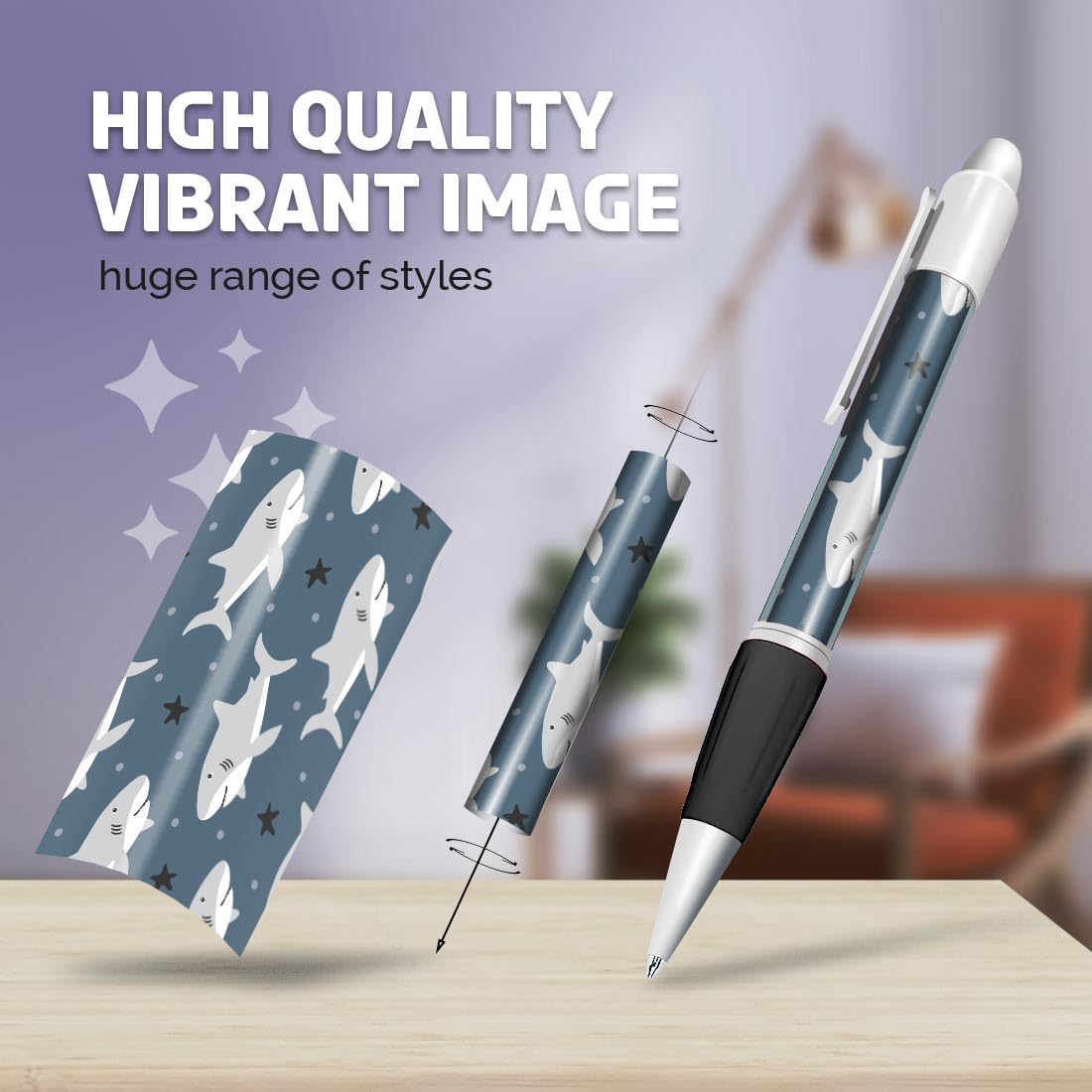 Set of 4 White Ballpoint Pens (Photo Insert) - Shark Great White Stars Boys Kids - Soft Feel Finger Grip #170868 - Image 2