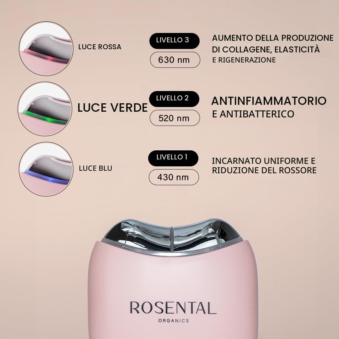 Rosental Organics EMS Gua Sha massaggiatore viso – LED blu, verde e terapia a luce rossa – per pelle grassoccia e carnagione uniforme – per tutti i tipi di pelle