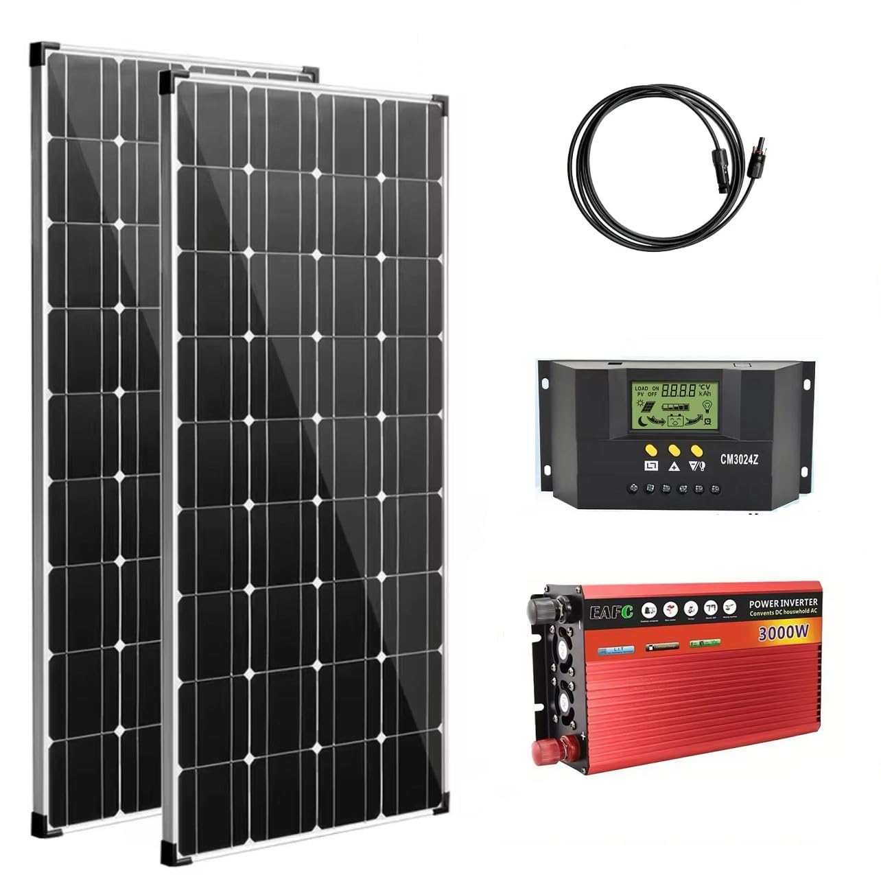 Kit Fotovoltaico Pannello Solare Mono .2x 250W Regolatore di Carica Solare da 30A,Inverter 3000w 12v Cavo Solare da 2.5M, per Camper, Roulotte,Chalet,Abitazione