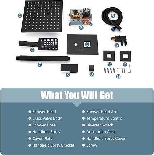 Miniatura 17 de Aolemi Sistema de ducha negro mate para montaje en el techo, cabezal de ducha de lluvia de 12 pulgadas con 3 funciones, rociador de mano ABS de alta