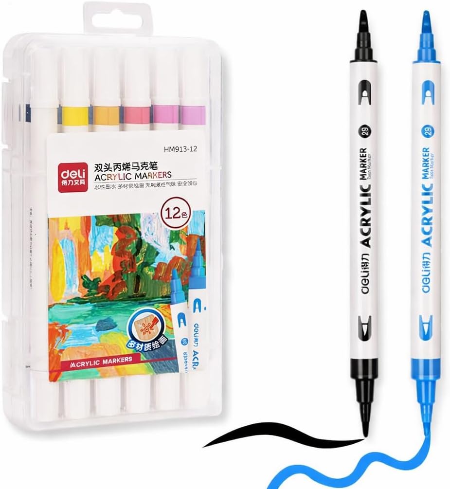 deli Dual Tip Acrylic Paint Markers, 12 Colors, Quick Dry Water-Based Paint Pens with 3mm Hard Tip & 0.5-5mm Flexible Brush Tip for Wood, Rock, Canvas, Plastic & Craft Projects