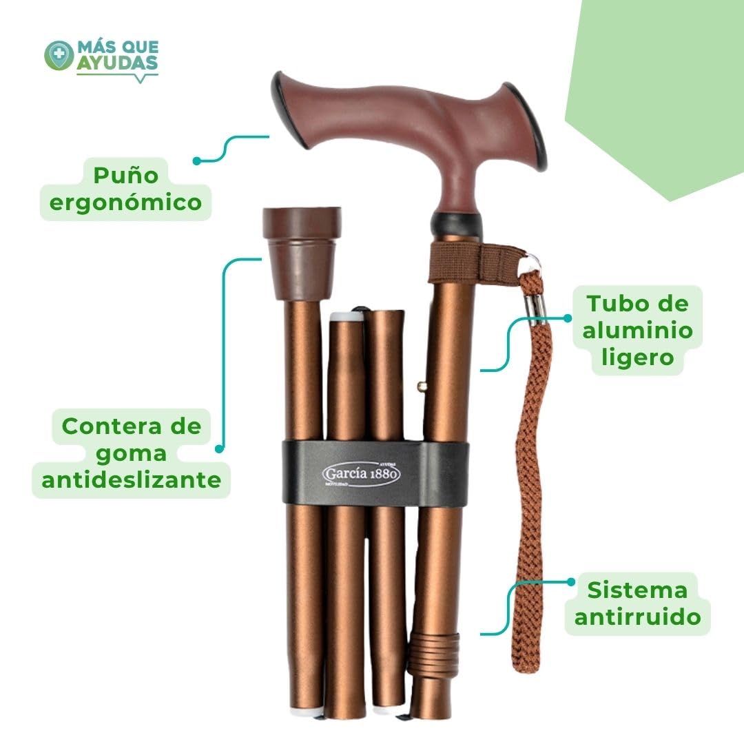MAS Que AYUDAS – Bastón para Mayores y Adultos Ergo, Plegable y Portátil, Altura Ajustable 84-94 cm, Puño Ergonómico, Bastón para Caminar y Pasear, 320 g, Marrón