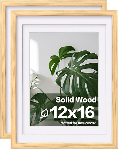 Egofine Juego de 2 portarretratos de madera natural de 12 x 16 pulgadas, marcos de madera maciza con frente de plexiglás, pantalla de 9 x 12 o 11 x