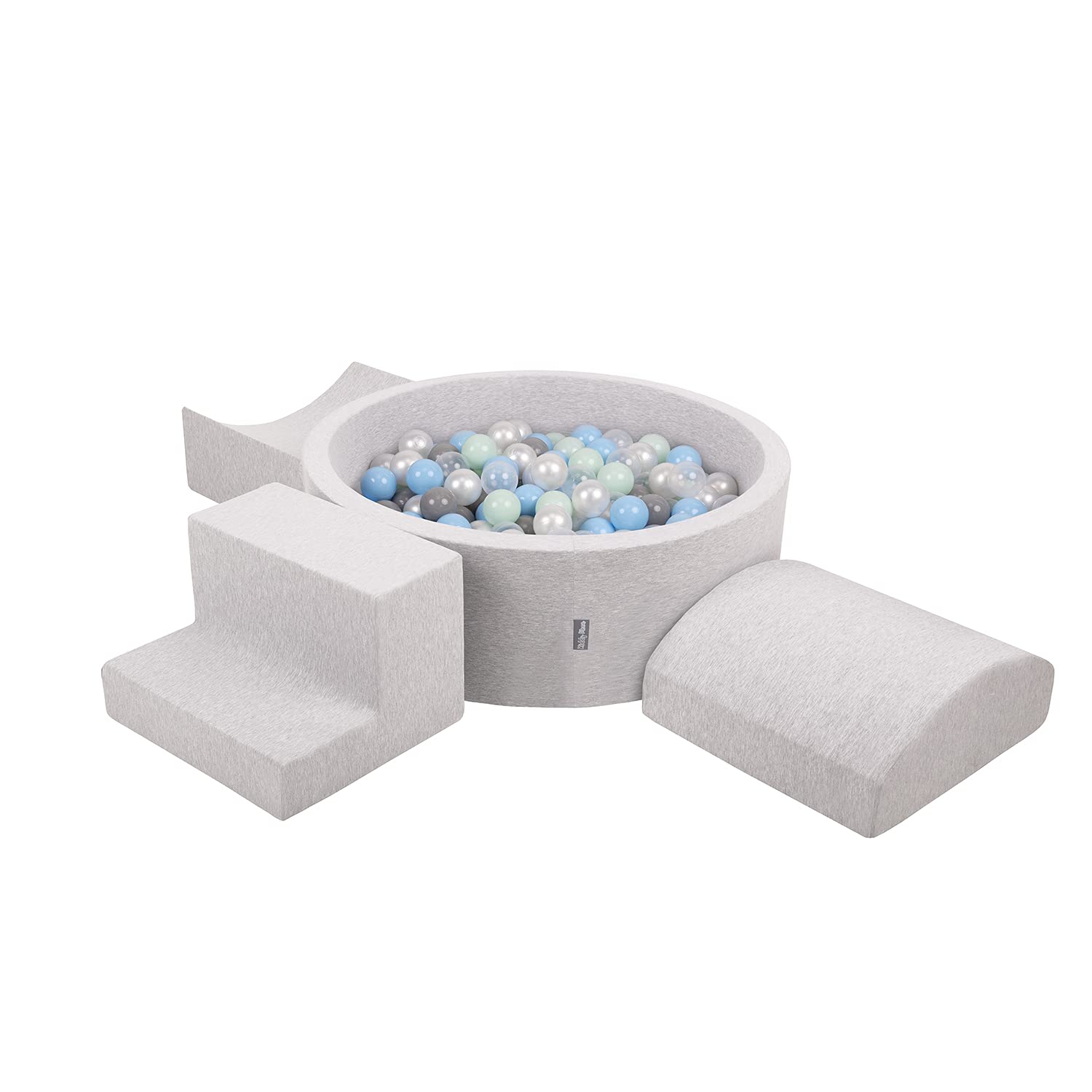 KiddyMoon Foam Playground For Kids With Round Ballpit (200 Balls) Obstacle Course, Lightgrey:Pearl/Grey/Transparent/Babyblue/Mint